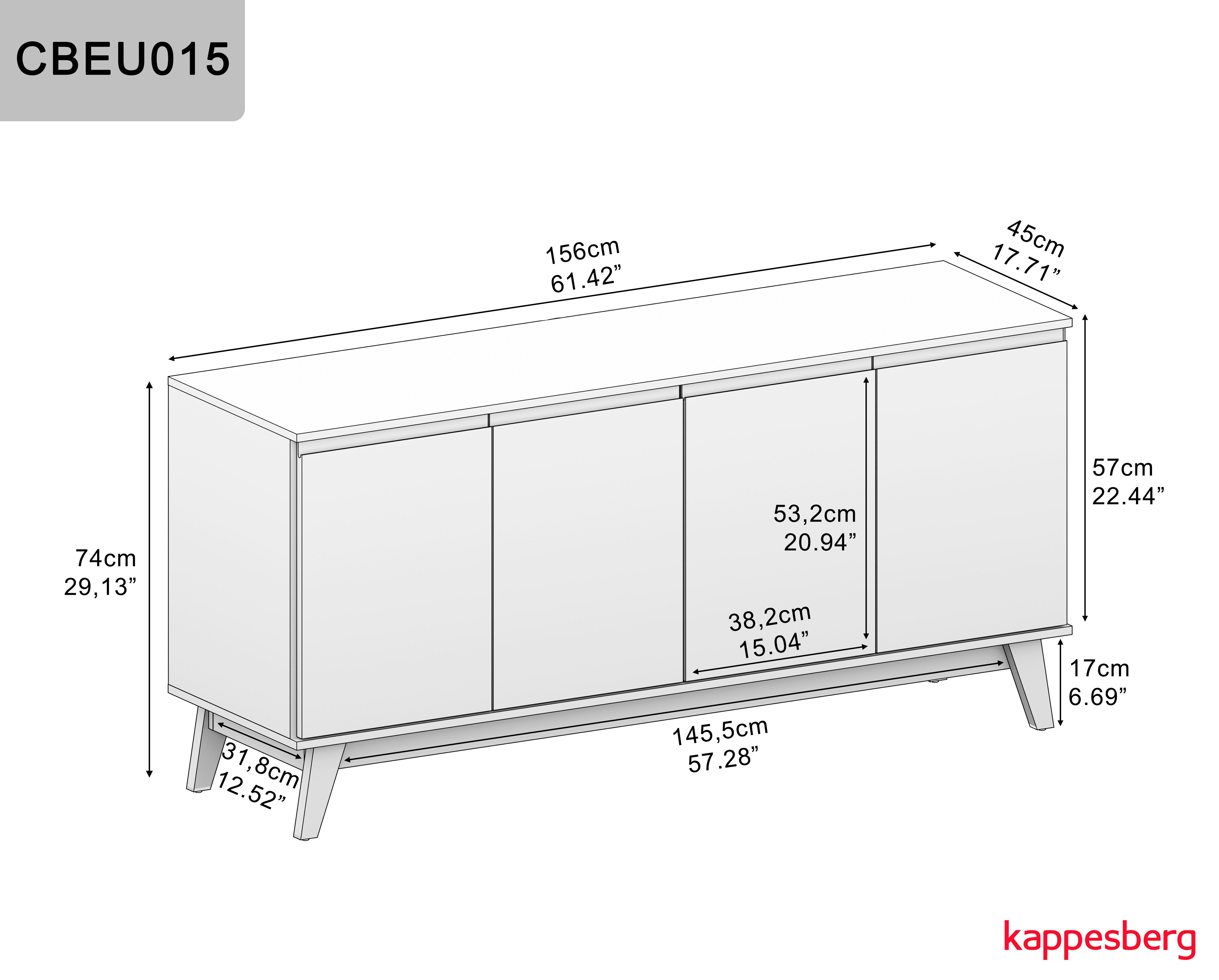 Kappesberg Tokyo 4-Door Sideboard with Soft-Close Doors, White/Golden Oak Finish