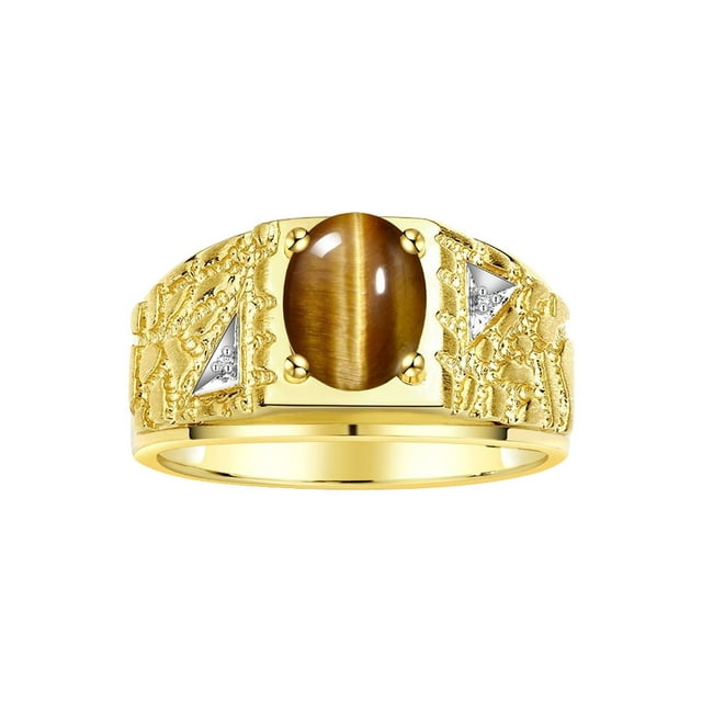 RYLOS Men's Rings Yellow Gold Plated Silver Designer Nugget Ring Oval 9X7MM Gemstone & Diamonds Tiger Eye Birthstone Rings For Man Size 10
