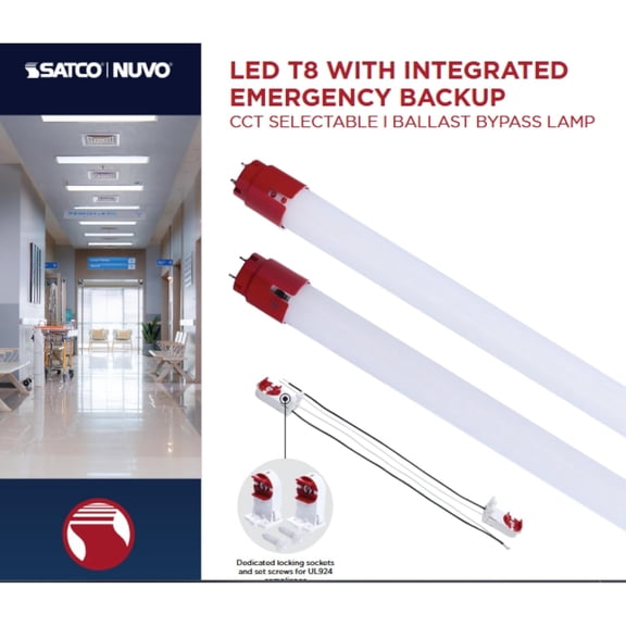 Satco S11732 15 Watt 4-Foot T8 LED Tube CCT Selectable 3500K 4000K 5000K Type B Ballast Bypass Medium Bi-Pin G13 Base 120–277V Frost Finish Emergency Backup