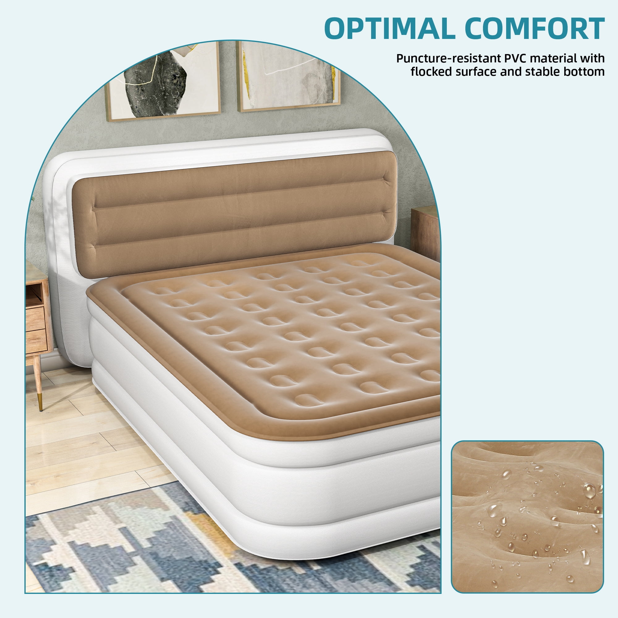 Uforic 18" Queen Air Mattress with Banded Headboard, Flocked Top Inflatable Air Bed with Pump, Portable Blow Up Mattress for Home Camping Guests, Brown