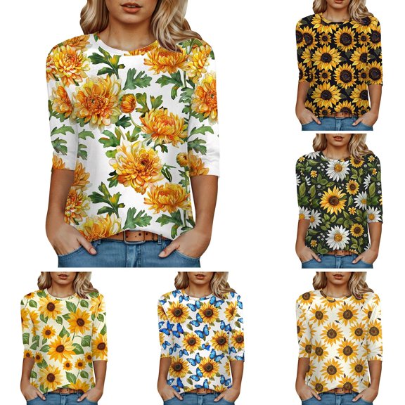 Towmus Women's Blouses 3/4 Sleeve Summer Tops Crew Neck Womens Trendy Tops Summer Print Shirts Elbow Length Women Tshirts Loose Fit