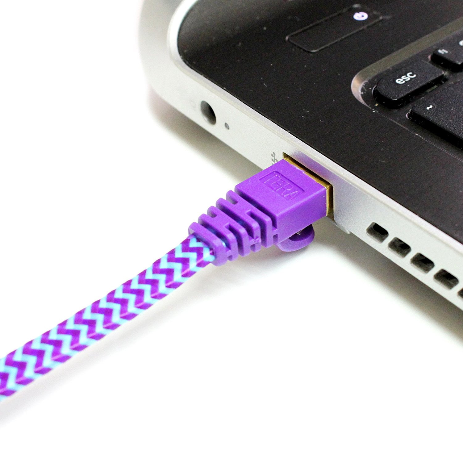 Tera Grand - CAT7 10 Gigabit Ethernet Ultra Flat Patch Cable Modem Router LAN Playstation Xbox - Built with Gold Plated, Shielded RJ45 Connectors Nylon Braided Jacket, 6 Ft Purple and Blue