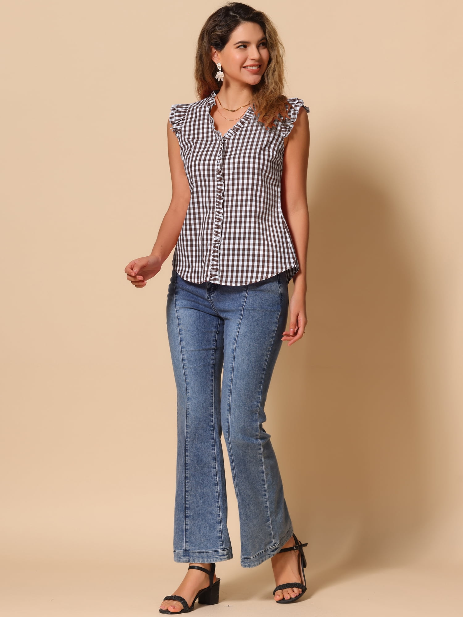 DARING DIVA Women's Cap Sleeve Plaid Gingham Ruffle Blouse M Brown