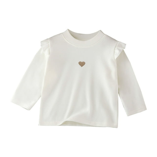 Lenpel T-Shirts pour Filles Tout-Petits en Coton Doux à Volants Manches Longues Col Rond Tops de Base Décontractés Graphiques (Blanc, 7-8 Ans)