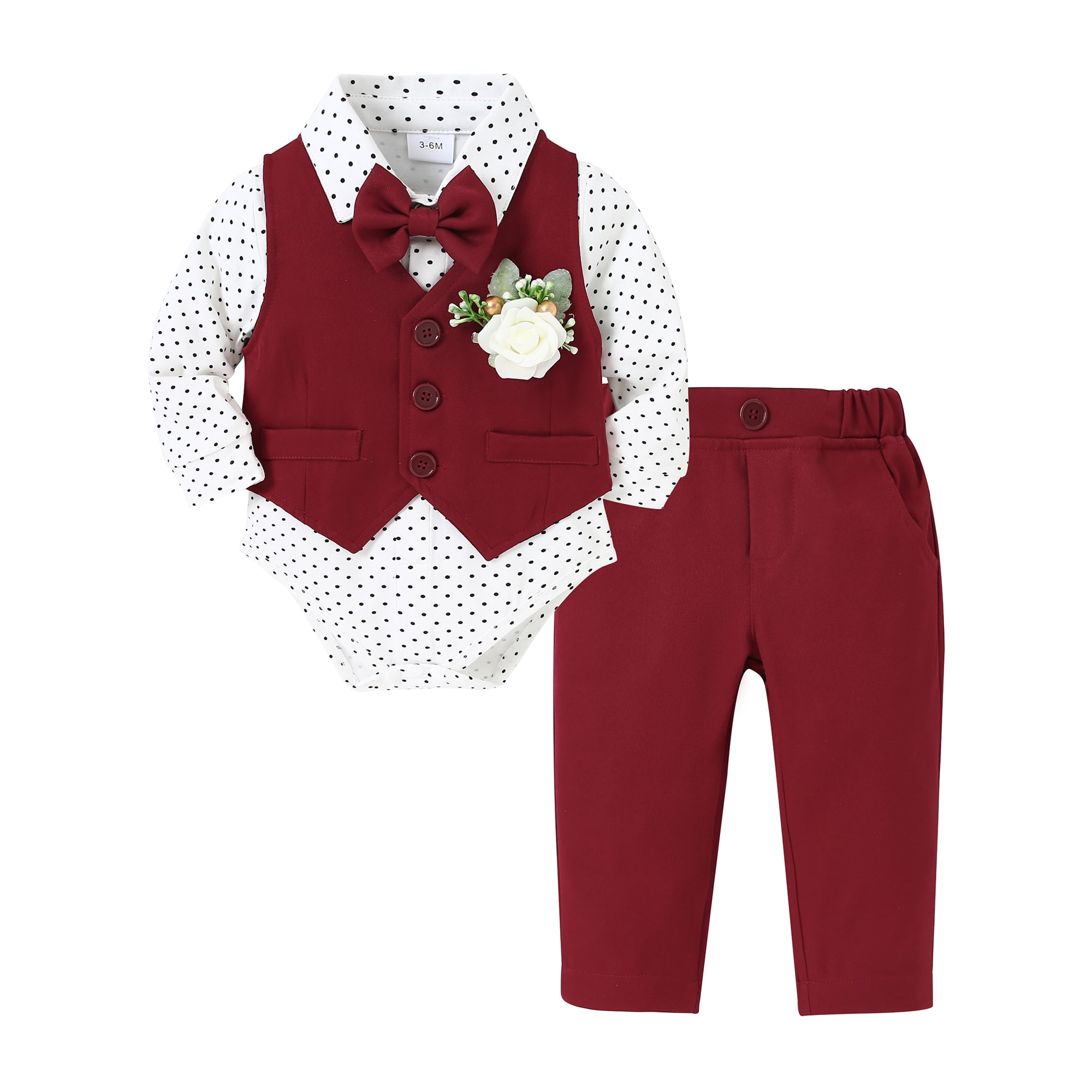 CARETOO Newborn Boy Dress Outfit Baby Boy Suit Dress Clothes 5Pcs Set Infant Dress Shirt Vest Bowtie Corsage Pants Baby Boy church outfit 0-24 Months