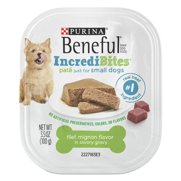 Purina Beneful IncrediBites Pate Wet Dog Food for Small Dogs, Natural Soft Filet Mignon Flavor in Savory Gravy, 3.5 oz Tub
