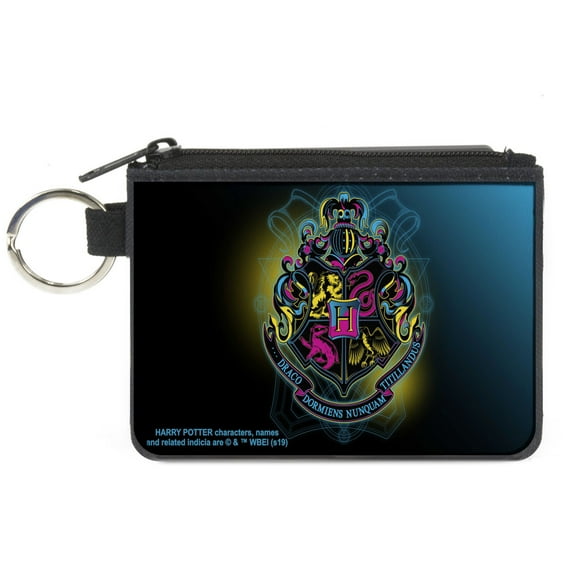 The Wizarding World of Harry Potter Wallet, Coin Purse, Harry Potter Hogwarts Crest Black Yellow Aqua Fade Multi Neon, Canvas