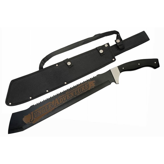 SZCO 25 Inch Saw Back Jungle Machete Stainless Steel Blade Black Wood Handle Finger Grip Nylon Sheath Outdoor Utility Tool