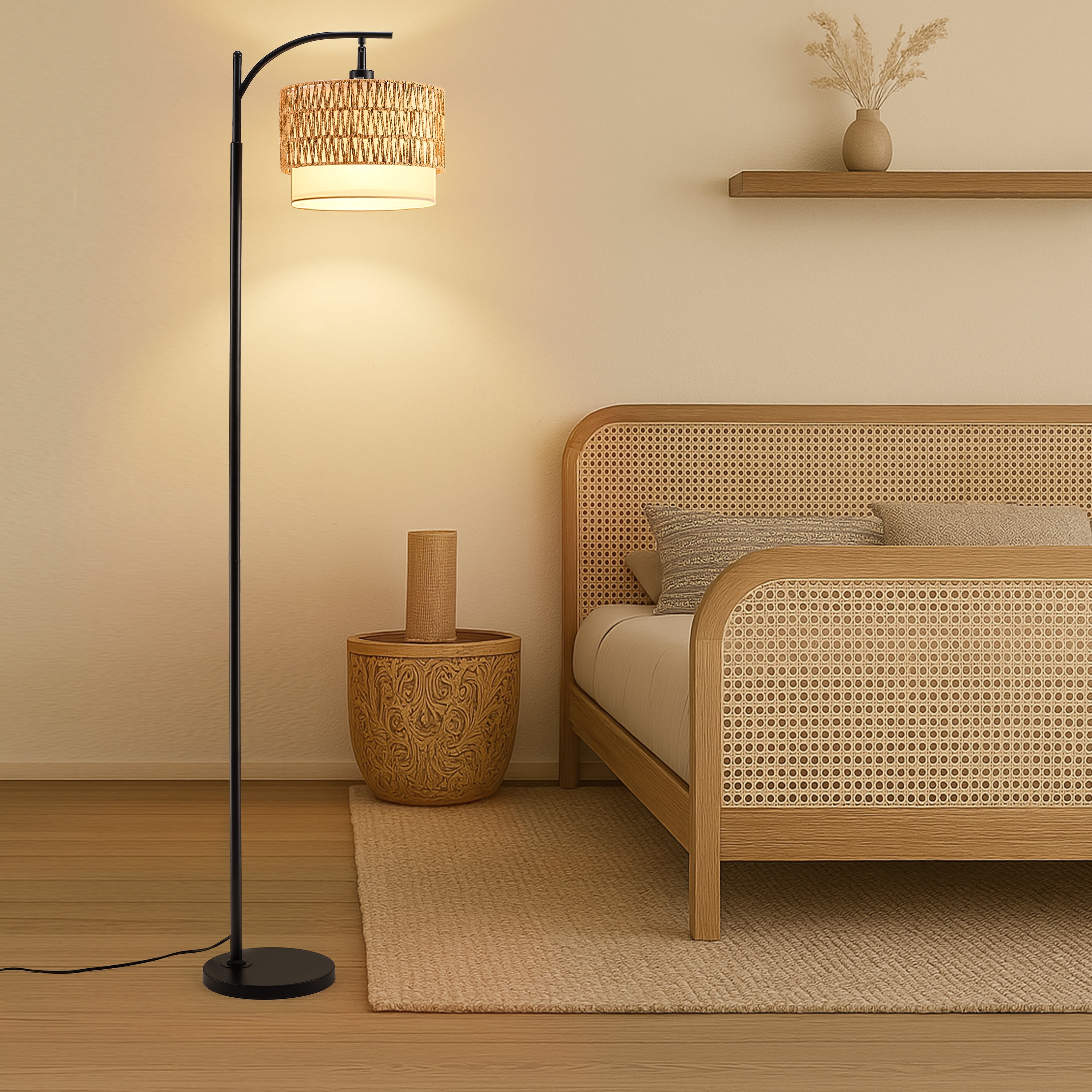 Coliware Rattan Floor Lamp for Living Room, Standing Lamp with Double Drum Shade, Dimmable Farmhouse Floor Lamp for Bedroom, 3 Color Temperatures Bulb Included