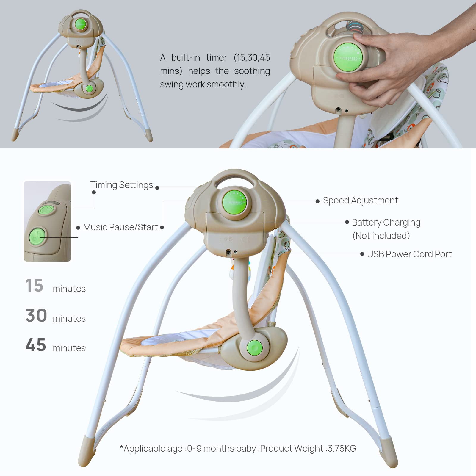 Vikua Electric Baby Swing for Infants 0-9 Months,Portable Foldable Infant Swing with 6 Speeds & Soothing Music,Baby Swing for Newborns,Khaki