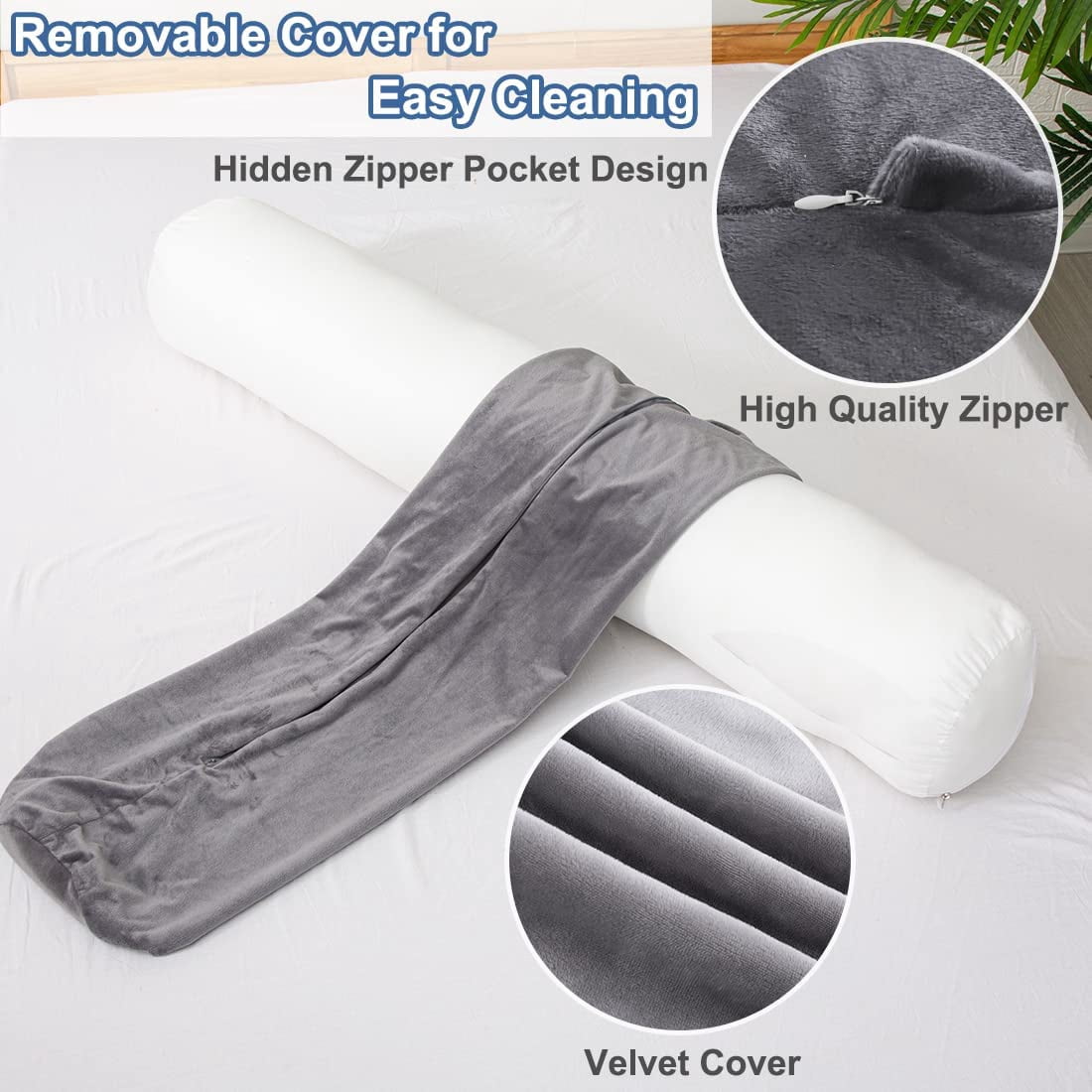 Bolster Pillow for Bed, Long Round Body Pillow for Adults with Removable Velvet Cover, Decorative Tube Roll Cylinder Pillow,