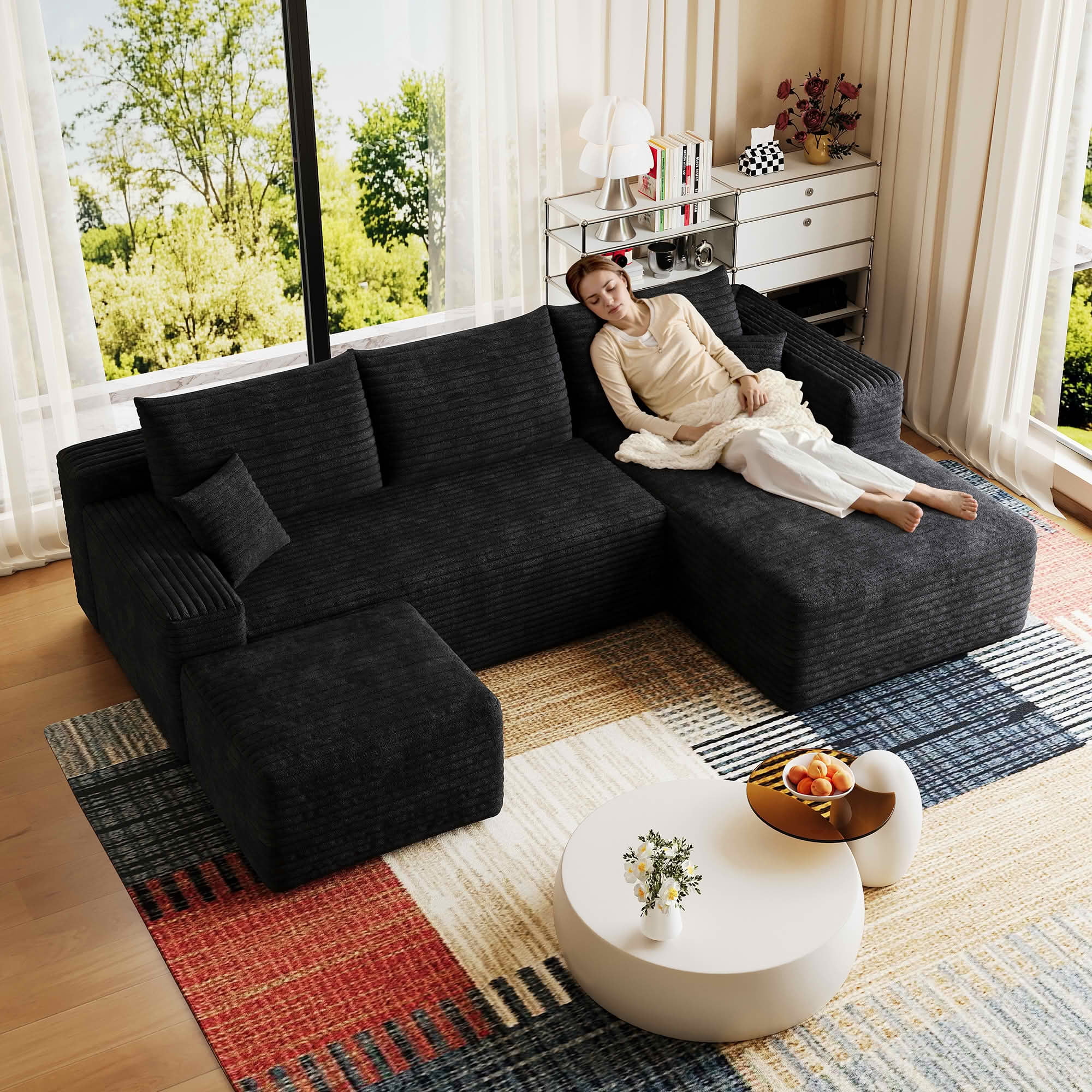 MAYEERTY 95" Cloud U-Shape Corduroy Sectional Couch with Ottoman, Deep Seating Minimalist Sofa, No Assembly for Home Bedroom