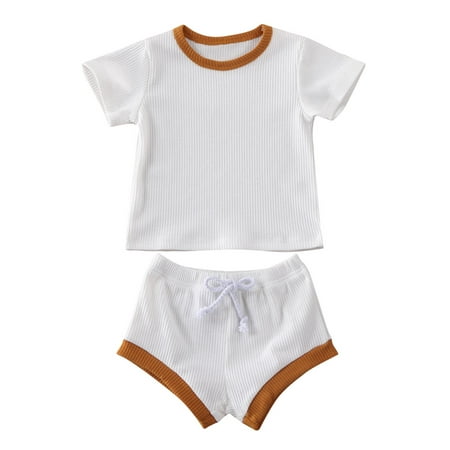 

Calsunbaby Newborn Baby Girls Boys Summer Clothes Set Short Sleeve Ribbed T-shirt Tops Shorts 2Pcs Outfits White 0-6 Months