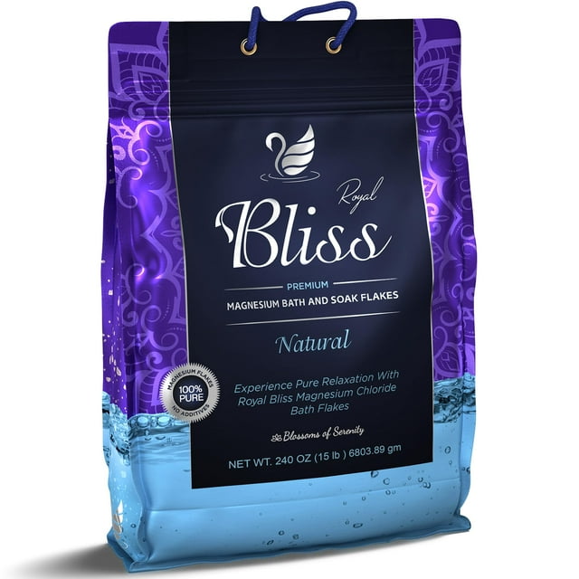 ROYAL BLISS Copos de magnesio para baño y remojo de pies 15 LB | Cloruro de magnesio puro y natural | Sin perfume de rápida disolución | Terapia de la piel de recuperación muscular de relajación pro