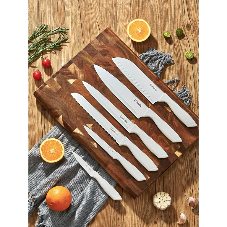 D.Perlla Knife Set 16 Pieces White Kitchen Knife Set with Acrylic Stand, High Carbon Stainless Steel, Non Stick Coated Knife Block Set, No Rust, Non
