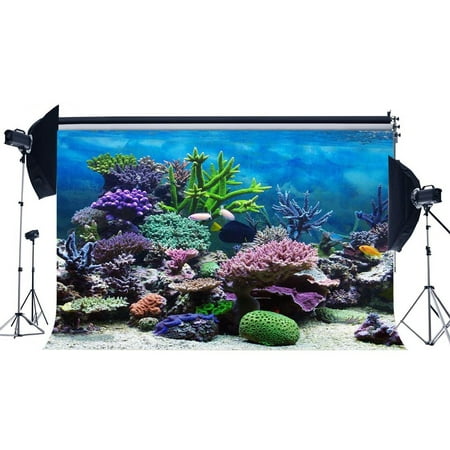 Image of GreenDecor 7x5ft Underwater World Backdrop Aquarium Colorful Coral Fish Blue Sea Photography Background Baby Shower Boys Girls Happy First Birthday Party Decoration Photo Studio Props