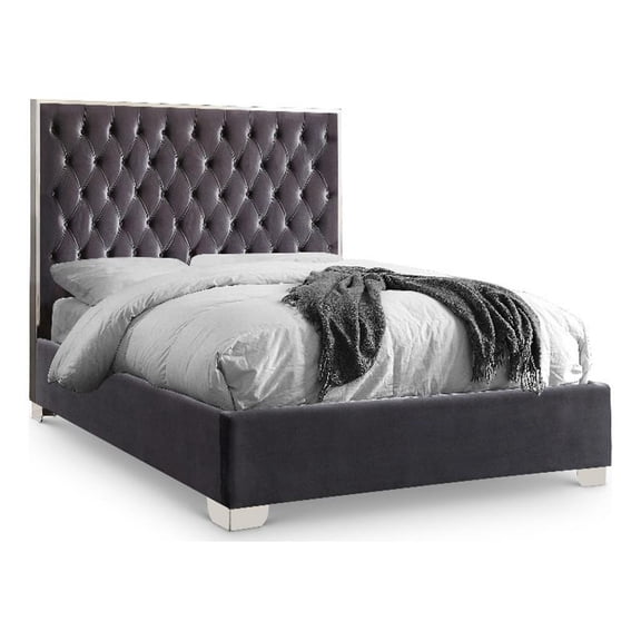 Meridian Furniture Lexi Solid Wood and Velvet Full Bed in Gray