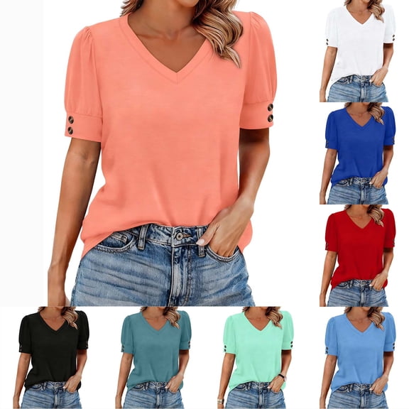 Lenago Women's Shirts Women's Fashion Spring Summer Clothing Solid Color Base T-shirt Button Short Sleeve V-neck Top Shirt Plus Size Womens Shirts Festival Holiday
