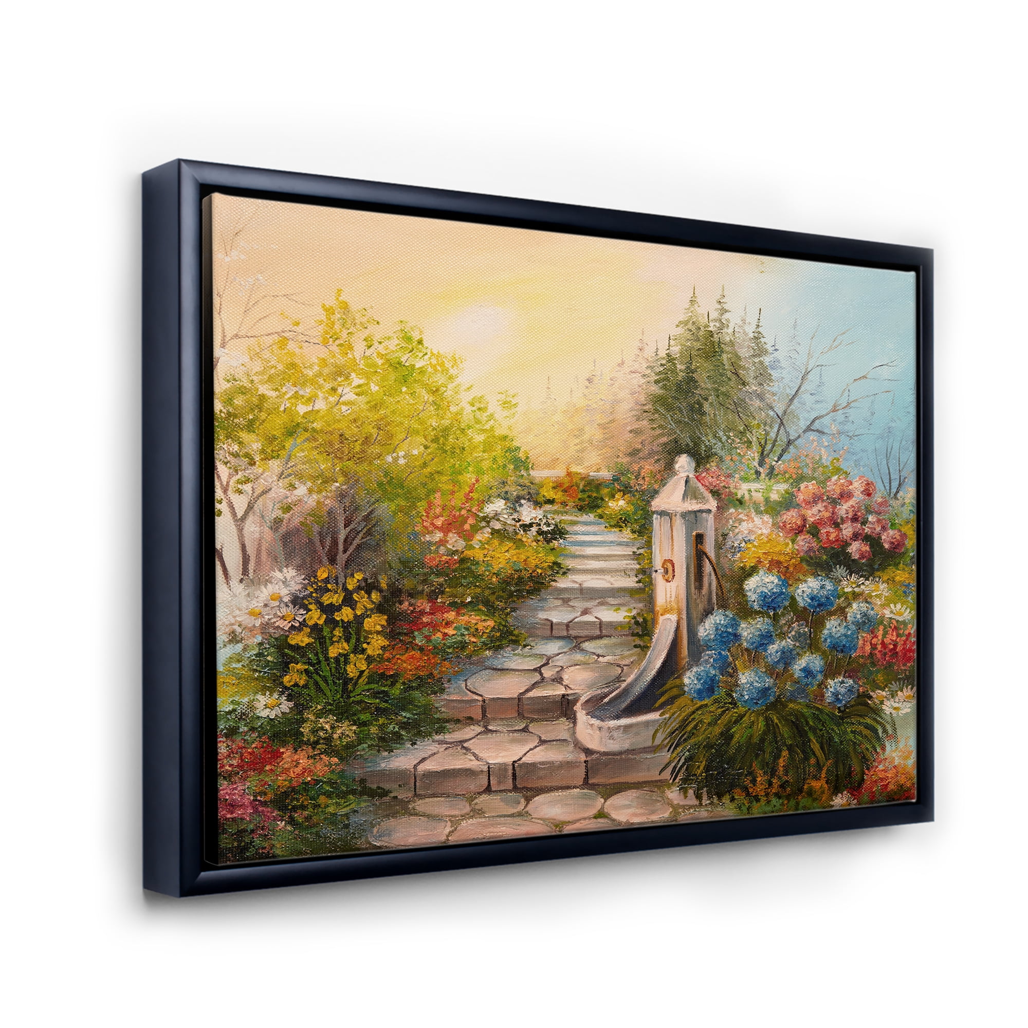 Designart 'Stone Stairs In The Blossoming Flowers Forest' Traditional Framed Canvas Wall Art Print