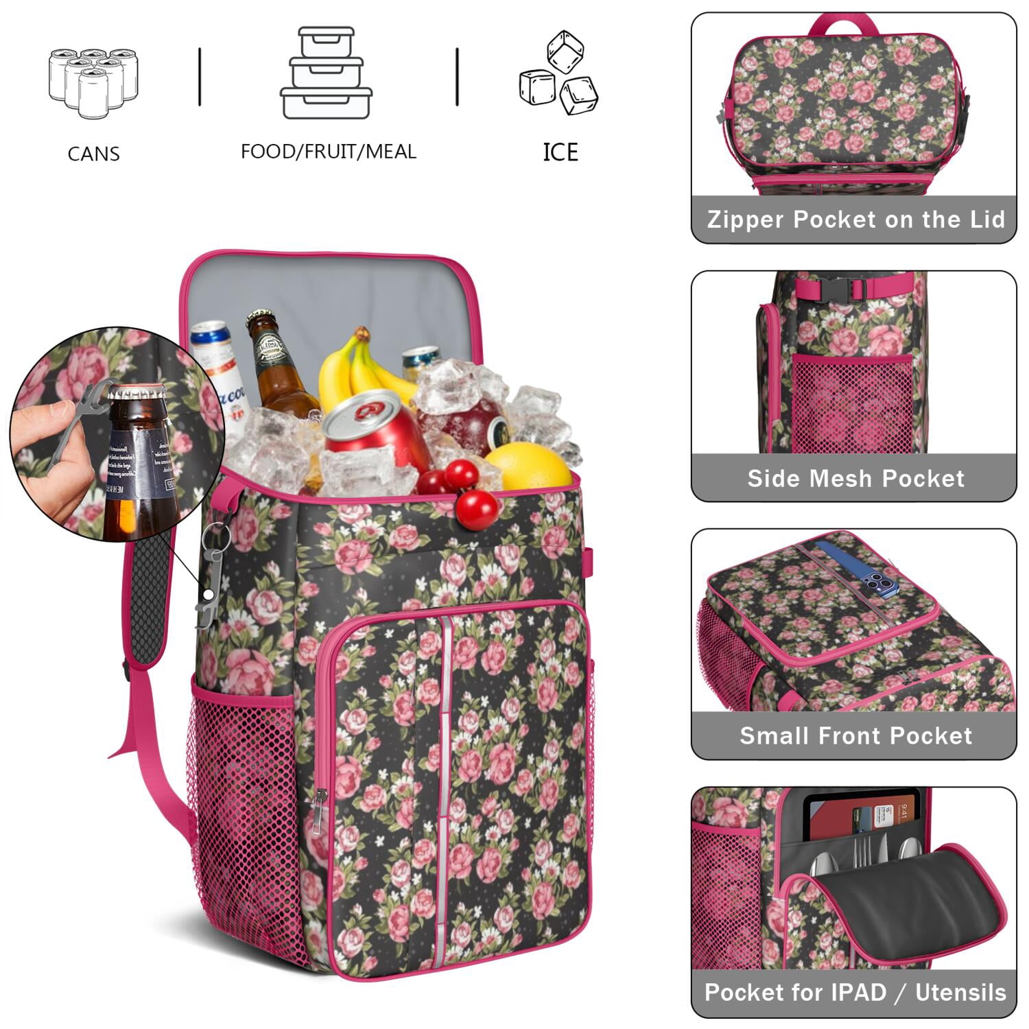 Travel Cooler Bag - Pioneer Flower Floral Print Pattern Camping Beer Cooler Backpack with Bottle Opener- Waterproof Insulated Picnic Backpacks - Cooler Bag for Beach