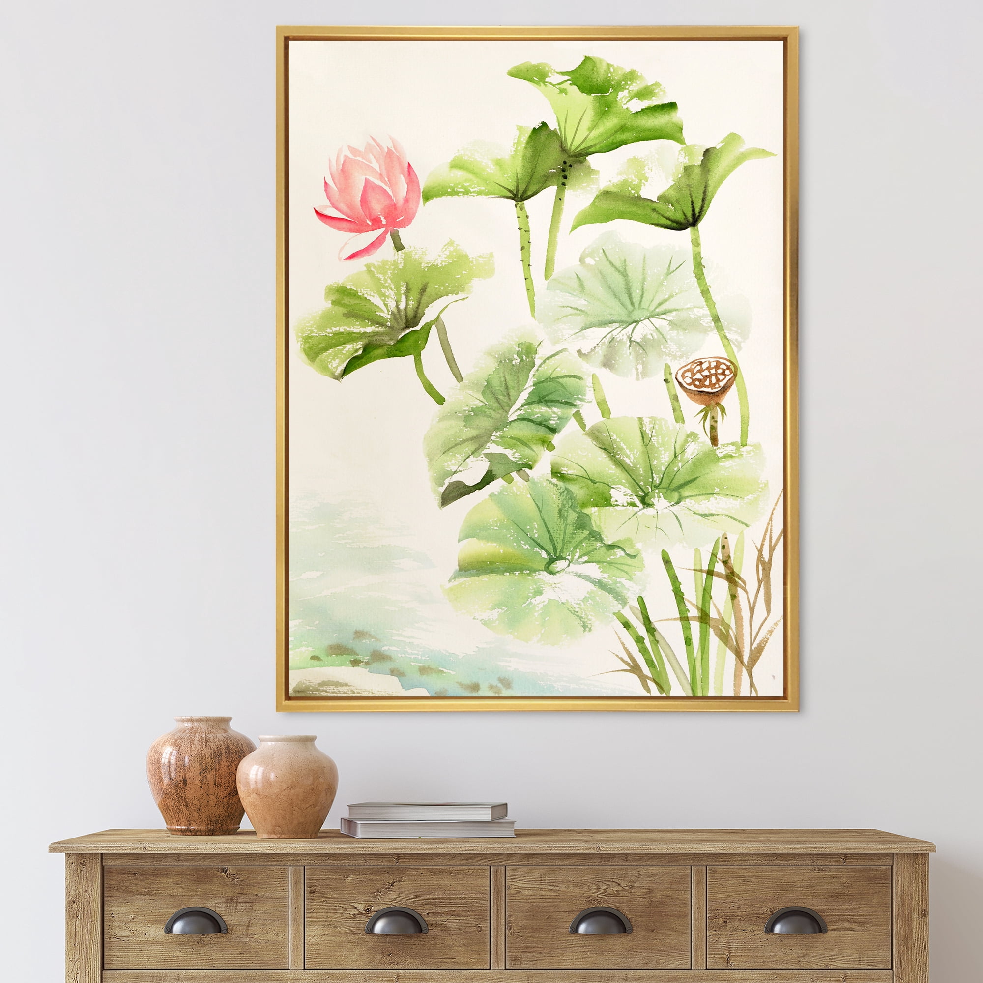 Designart 'Ancient Pink Lotuses In The Pond IV' Traditional Framed Canvas Wall Art Print