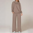 thumbnail image 2 of Women's 2PC Sweatsuit Suit Long Sleeve Quarter Zip Stand Collar Pullover Sweatshirt Elastic Waist Wide Leg Pants Loungewer Set with Pockets Khaki L, 2 of 6