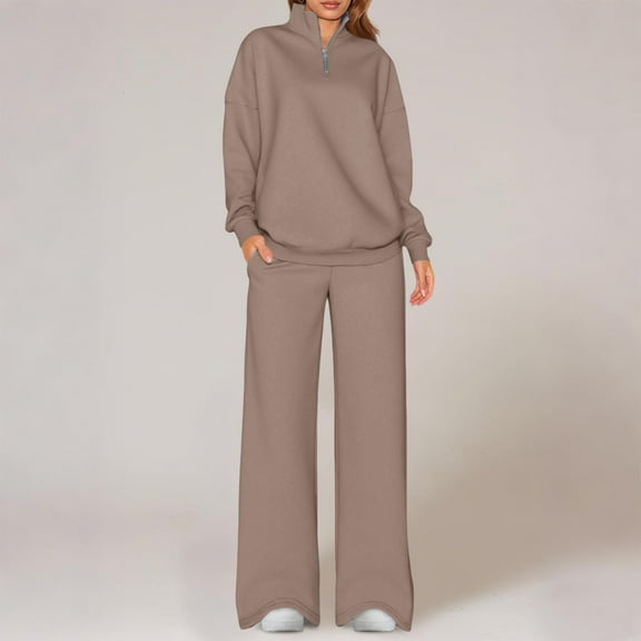 Women Travel Tracksuits 2 Piece Outfits 1/4 Zip Sweatshirt Wide Leg Sweatpants Sweatsuit Airport Loungewear Set New 2 Piece Travel Sets for Women Khaki XXL