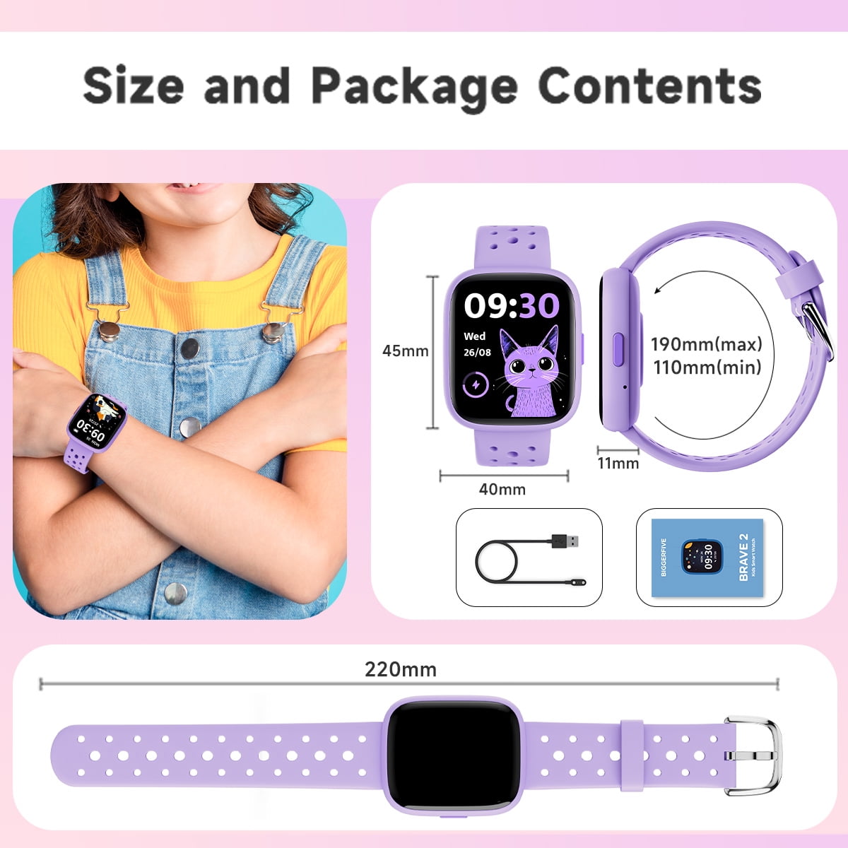 BIGGERFIVE 1.8" Smartwatch for Girls Smart Watch for Kids with Puzzle Games Pedometer Children Touch Screen Purple