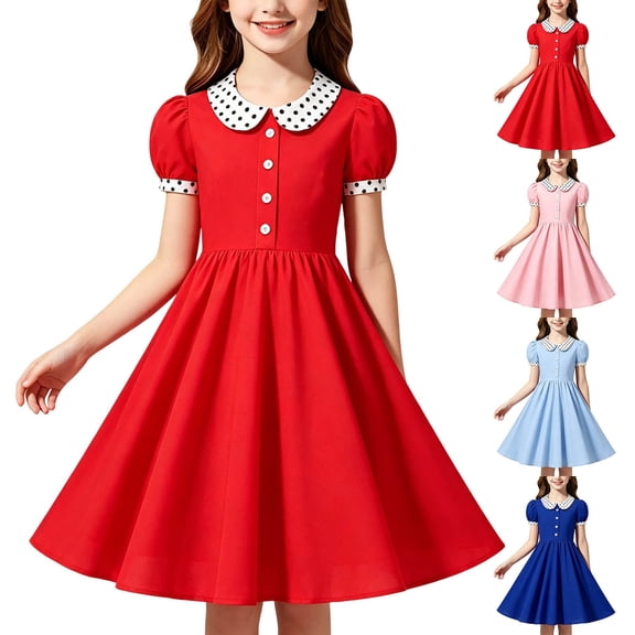 Girls Polka Dot Dress with Peter Pan Collar & Puff Sleeves, 4-13Y A-Line Swing Skirt, Retro Style Casual & Party Dress Red XL