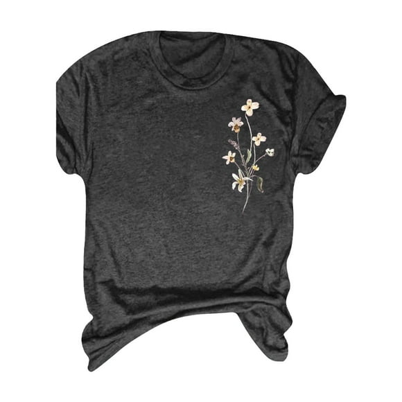 XMHJSMD Women's Vintage Flowers Shirt Casual Pastel Botanical Floral Printed T Shirt Wildflowers Graphic Tees Tops(Dark Gray,M)