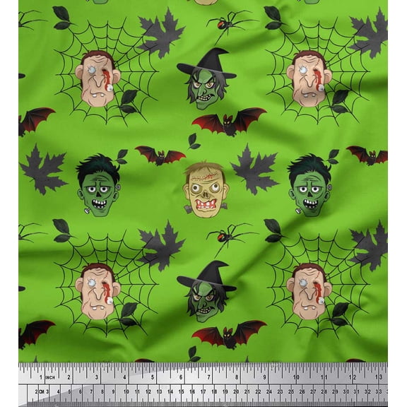 Soimoi Green Rayon Fabric Bat & Ghost Face Halloween Print Sewing Fabric Yard 42 Inch Wide