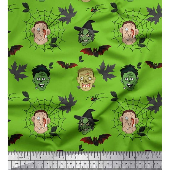 Soimoi Green Silk Fabric Bat & Ghost Face Halloween Print Fabric by Yard 42 Inch Wide