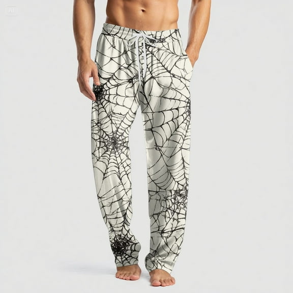 Domuza Mens Halloween Pajamas Horror Novelty Print Casual Drawstring Sleep Pants Lightweight Cotton Soft Lounge Pajama Bottoms with Pockets Beige L
