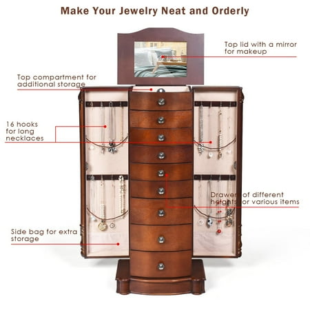 Jewelry Armoire Cabinet Stand Large Capacity Wooden Storage Box Organizer With Flip Up Mirror 8 Drawers And 2 Side Swing Doors Including 16 Necklace Hooks Canada Jewelry Armoire Cabinet Stand Large, Large Mirrored Jewelry Box With Drawers And Lids