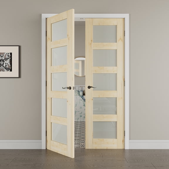 48" x 80" 5 Panel Frosted Glass Pine Wood Double Doors with French Door Ready-to-Assemble Jamb, Solid Interior Door, Black Levers & Hinges, Unfinished Knotty Wood & Ready-to-Stain