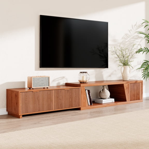 Extendable TV Stand with Storage Cabinet for Living Room, 98.5-Inch Extra Long TVs Media Console Wood Fluted Television Stands for Bedroom, Rustic Brown (63"W-98.5"W)