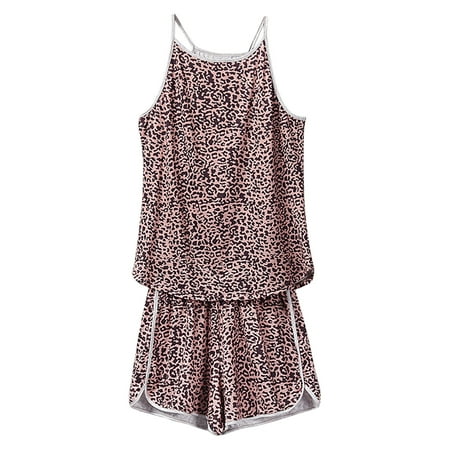 

Womens 2 Piece Summer Outfits Casual Printed Sleeveless Spaghetti Strap Cami Tops and Shorts Lounge Sets Pajamas