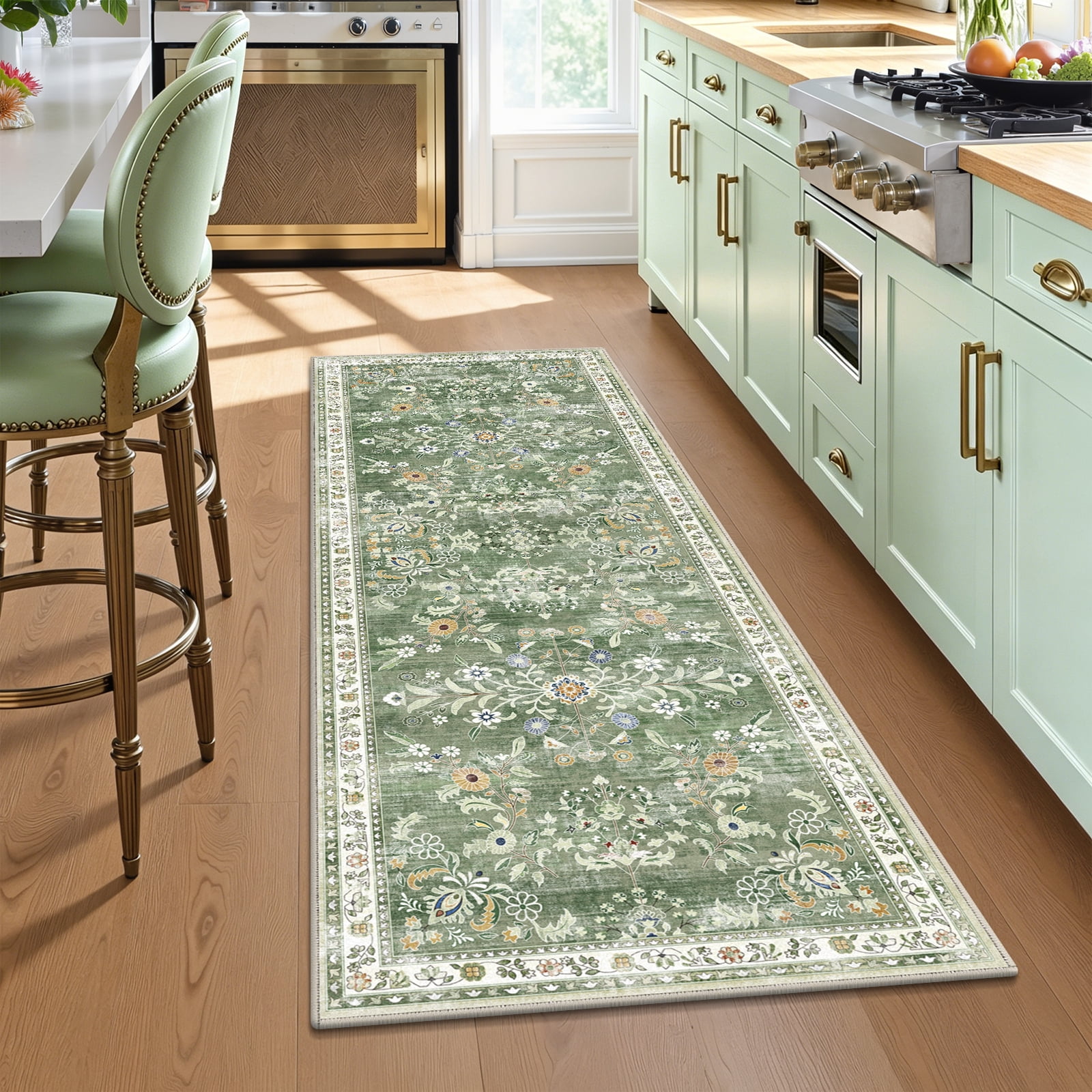 MJIAexp 2'x6' Boho Runner Rug,Non Slip Washable Floral Hallway Runner Rug with Rubber Backing, Low Pile Faux Wool Distressed Carpet for Kitchen, Laundry, Bedroom, Entrance,Green
