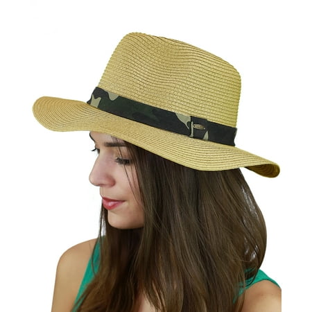 Nyfashion101 C Teardrop Dent Paper Woven Panama Sun Beach Hat Nyfashion101 C Teardrop Dent Paper Woven Panama Sun Beach Hat With Camouflage Band Natural