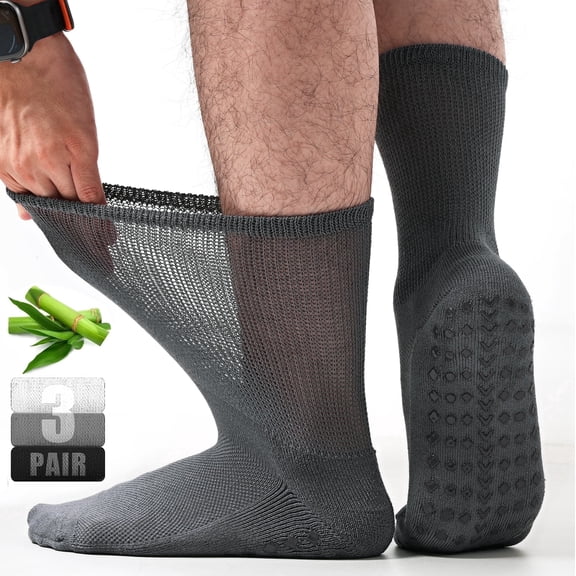 FreeYoka Men's Non-Binding Diabetic Socks, Breathable Mesh Crew Socks with Non-Slip Grips, 3 Pairs