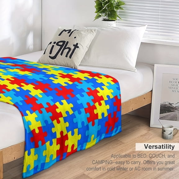 1pc Autism Awareness Colorful Puzzle Flannel Throw Blanket - Soft, Cozy, and Lightweight for Sofa or Bed - Red, Blue, Yellow Puzzle Piece Design - All-Season Comfort, Machine Washable, Allergy Comfor