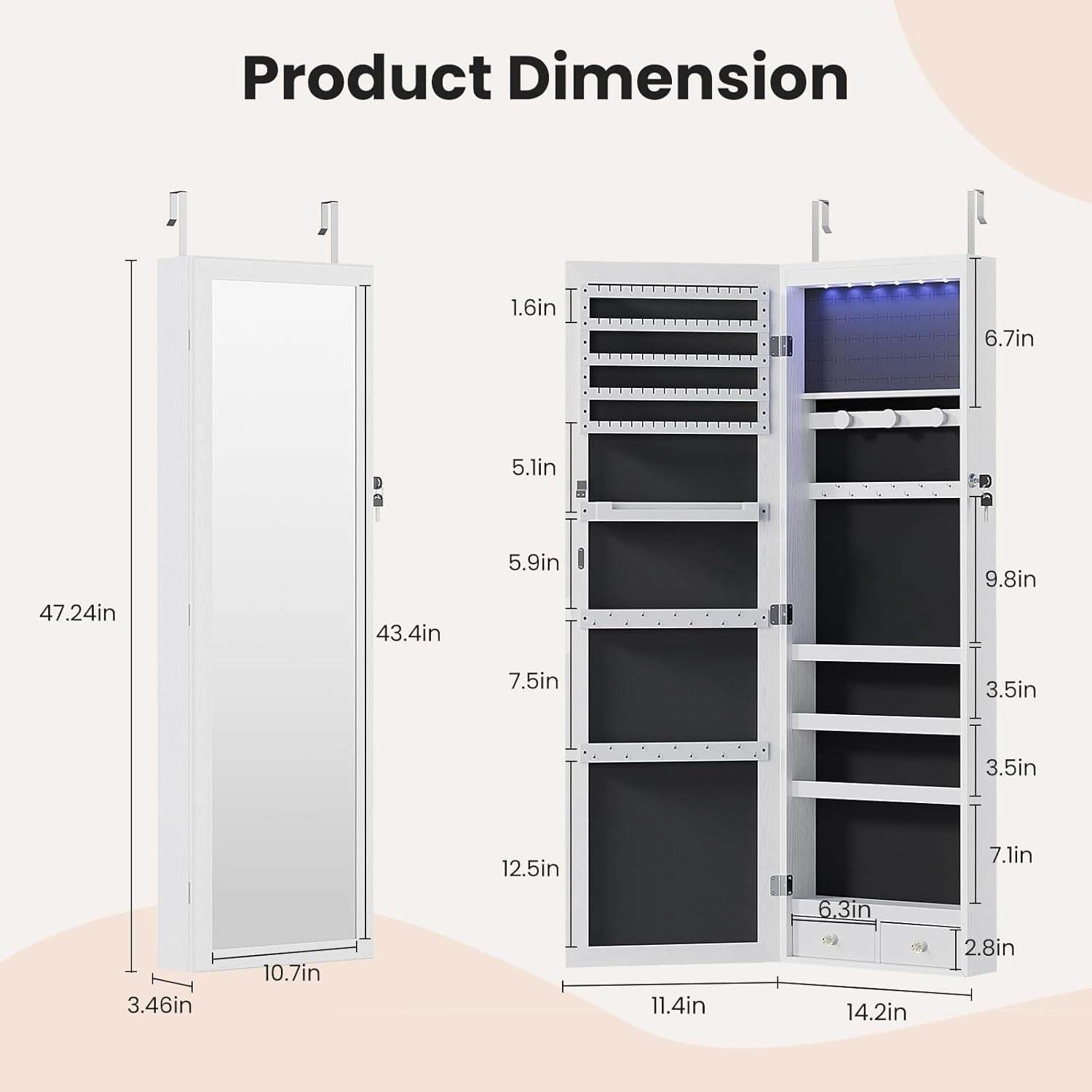 6 LEDs Full Length Mirror with Storage, 47.2'' Jewelry Armoire with Mirror, Lockable Jewelry Storage for Wall or Door Mounted