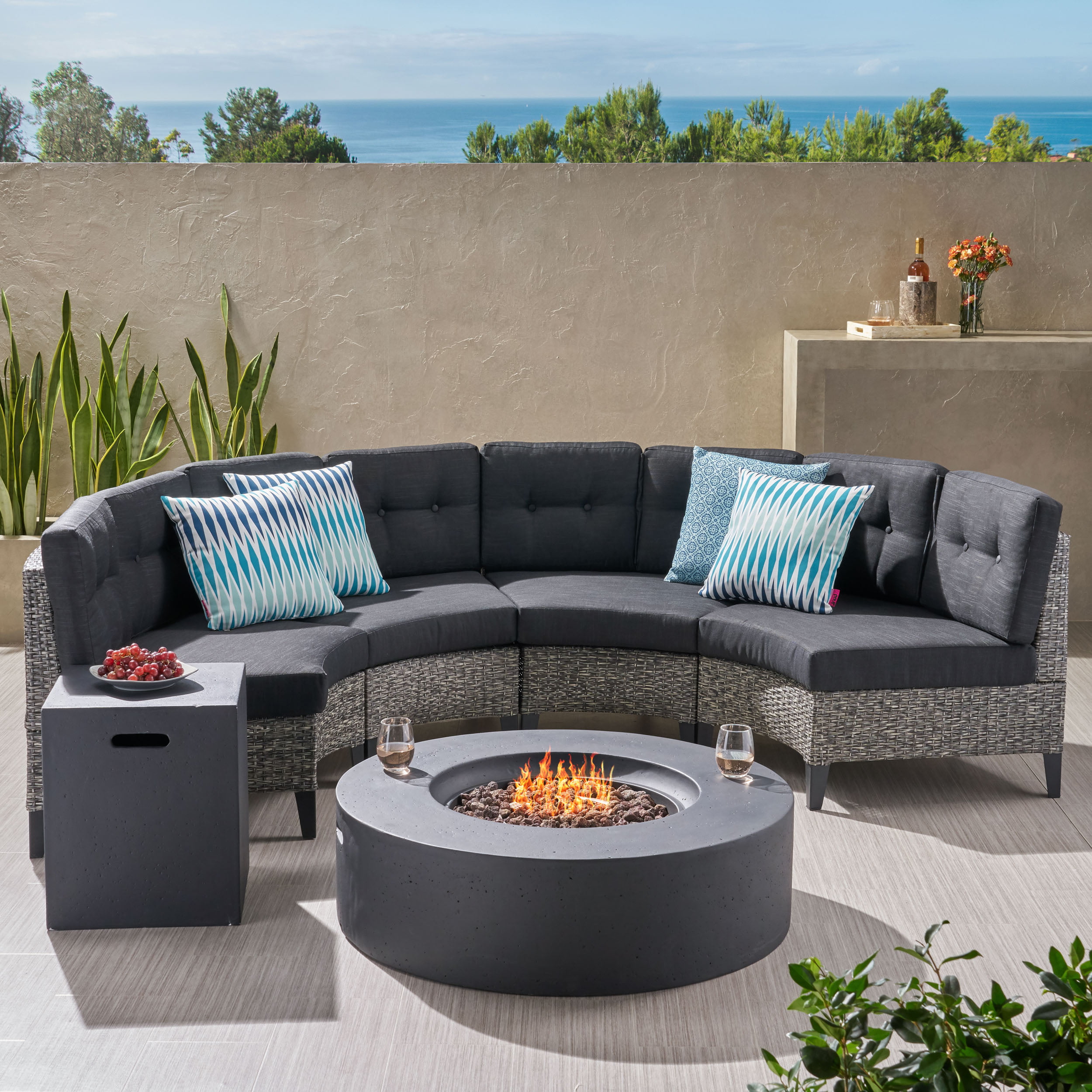 Nessett Outdoor 6 Piece Wicker Half, Outdoor Furniture Round Sectional Sofa