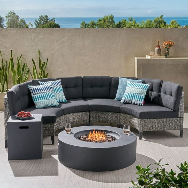 Nessett Outdoor 6 Piece Wicker Half, Patio Sectional Sofa With Fire Pit