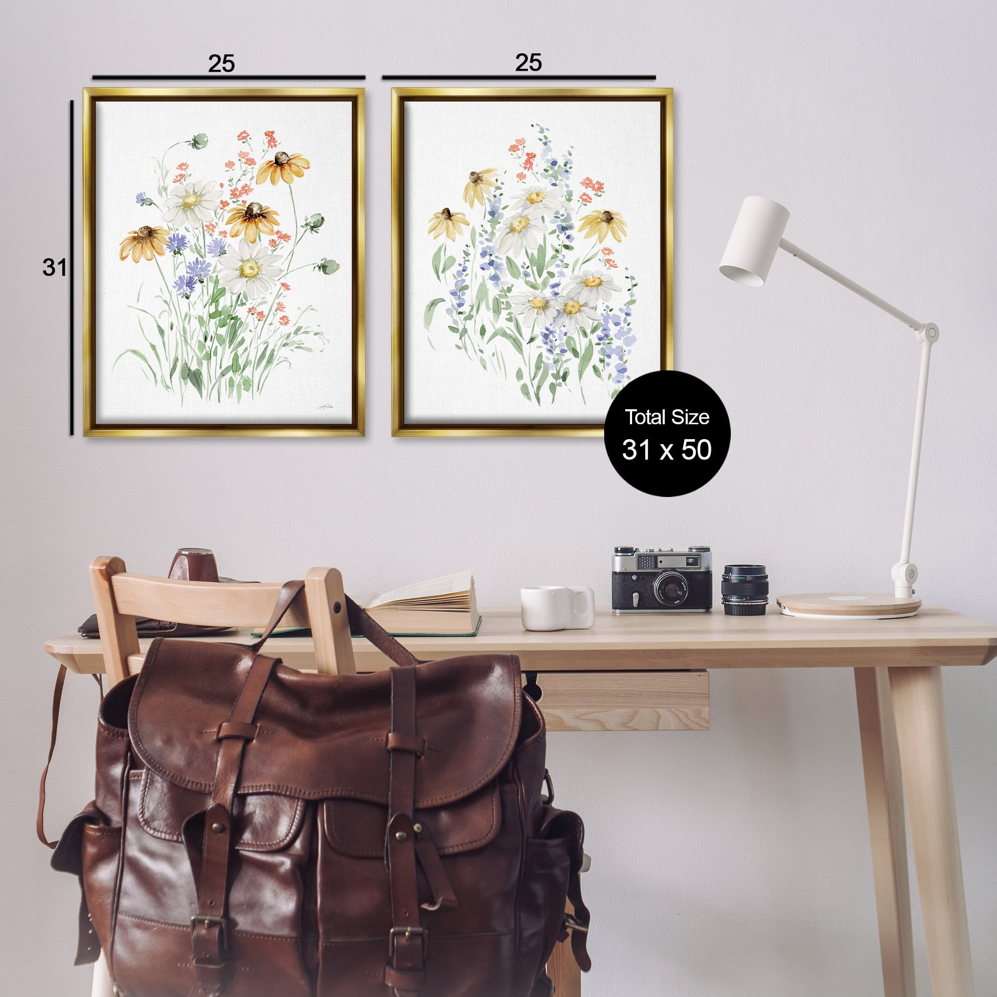 Stupell Industries Summer Garden Watercolor Daisies Plants & Flowers Painting Gold Floater Framed Canvas Art Print Wall Art, 31 x 25, Set of 2