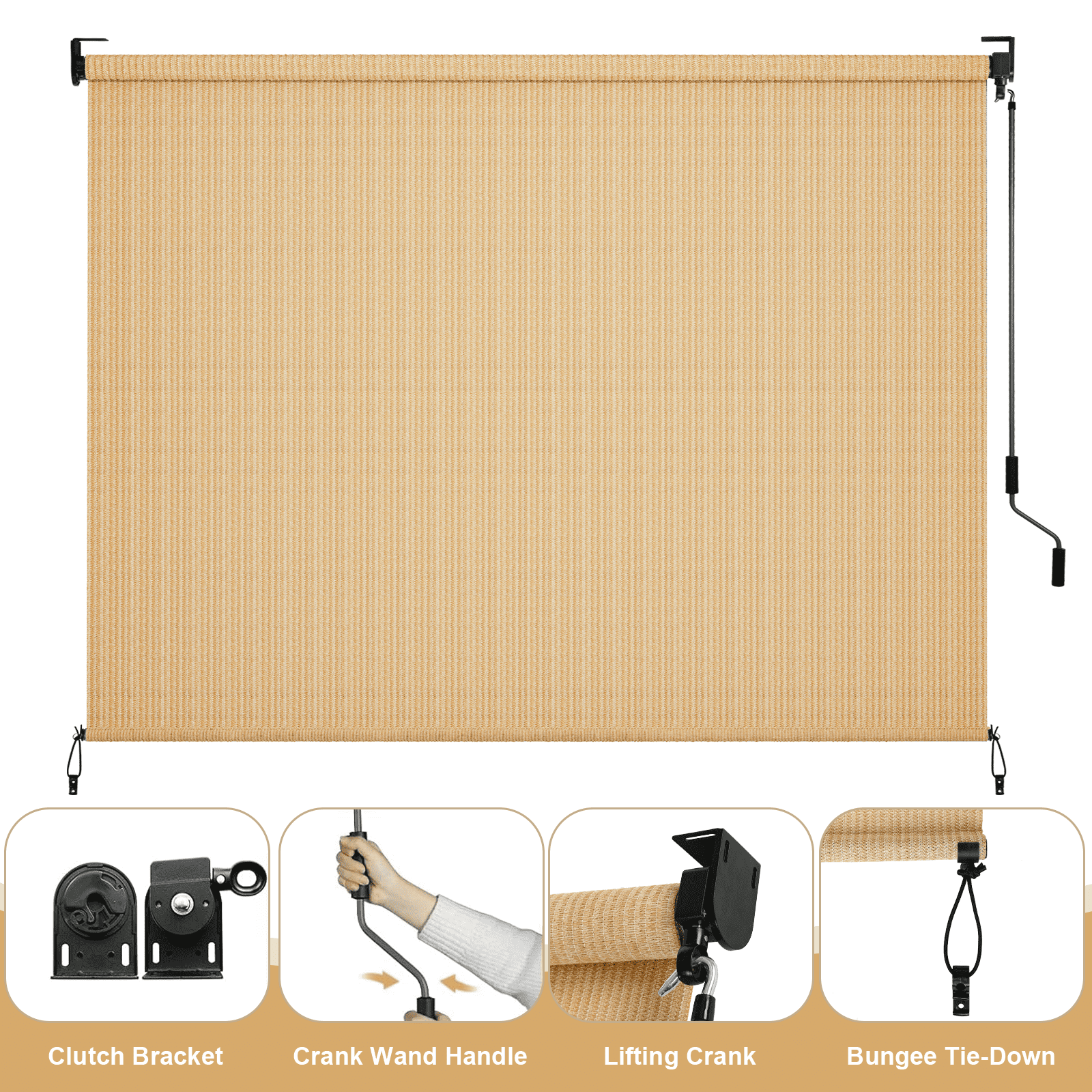 TLGREEN Outdoor Roller Sun Shade, 6‘ x 6’, HDPE Shade Cloth, Aluminum Tube（Sesame）
