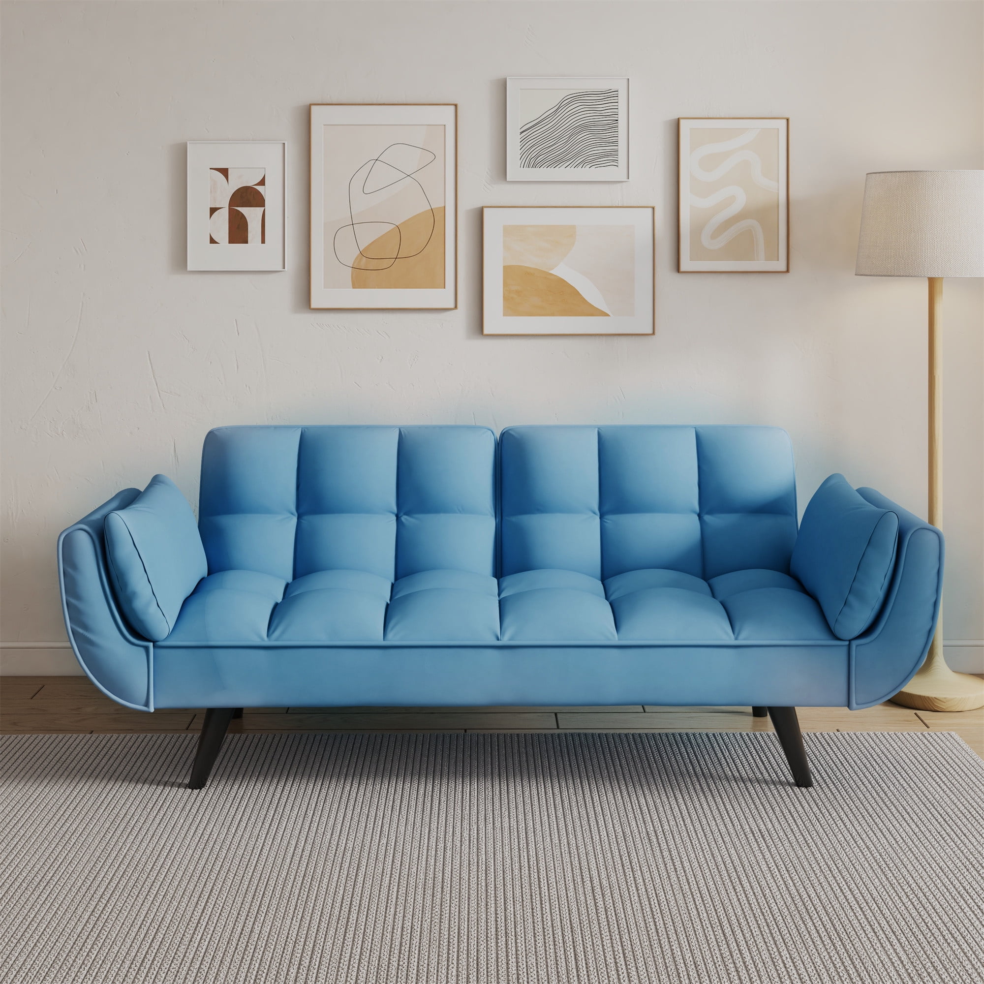 Aukfa 75" Flared Arm Futon Convertible Sofa Bed, Velvet Sleeper Couch for Home Office, Blue