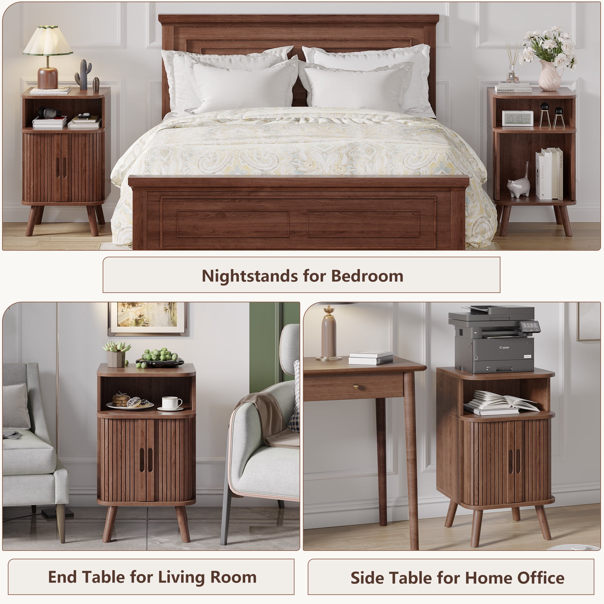 Fluted End Table with Storage,  Mid-Century Modern Wood Nightstand  with for Adult's Bedroom, Walnut
