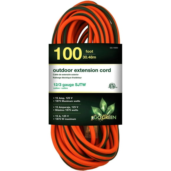 GoGreen Power (GG-14000) 12/3 100’ SJTW Outdoor Extension Cord, Lighted End, 100 Ft