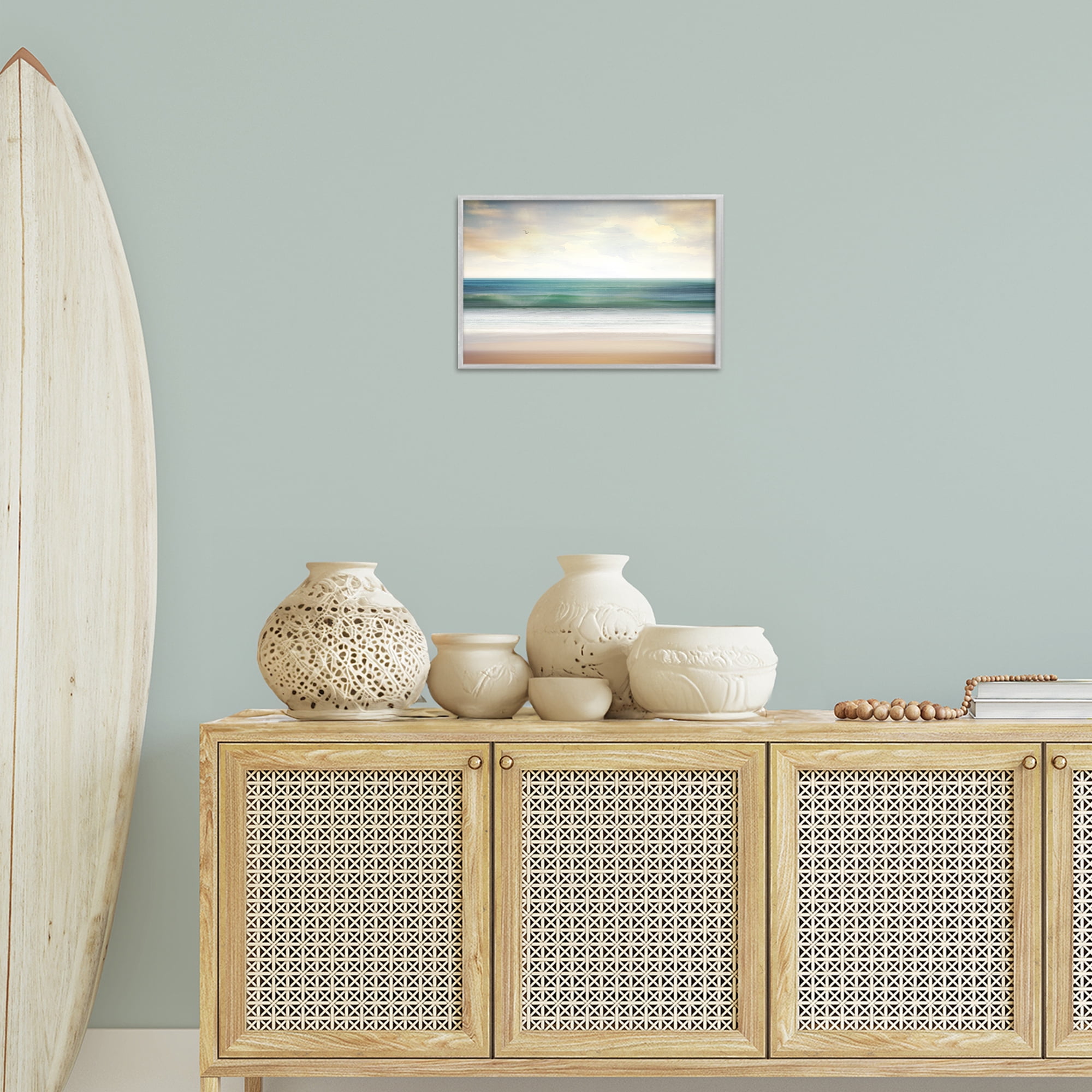 Stupell Industries Lone Seagull Over Beach Landscape Painting Gray Framed Art Print Wall Art, 18 x 12